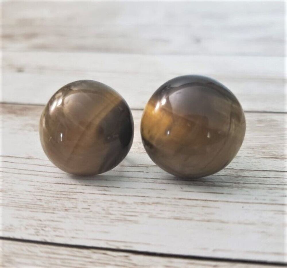 Vintage Screw On Earrings - Brown Possibly Tigers Eye? Domed Circle